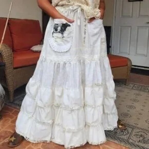 FINAL💛Boho Ruffle Maxi Skirt Patchwork Upcycled Antique Lace Magnolia Style - Picture 13 of 14